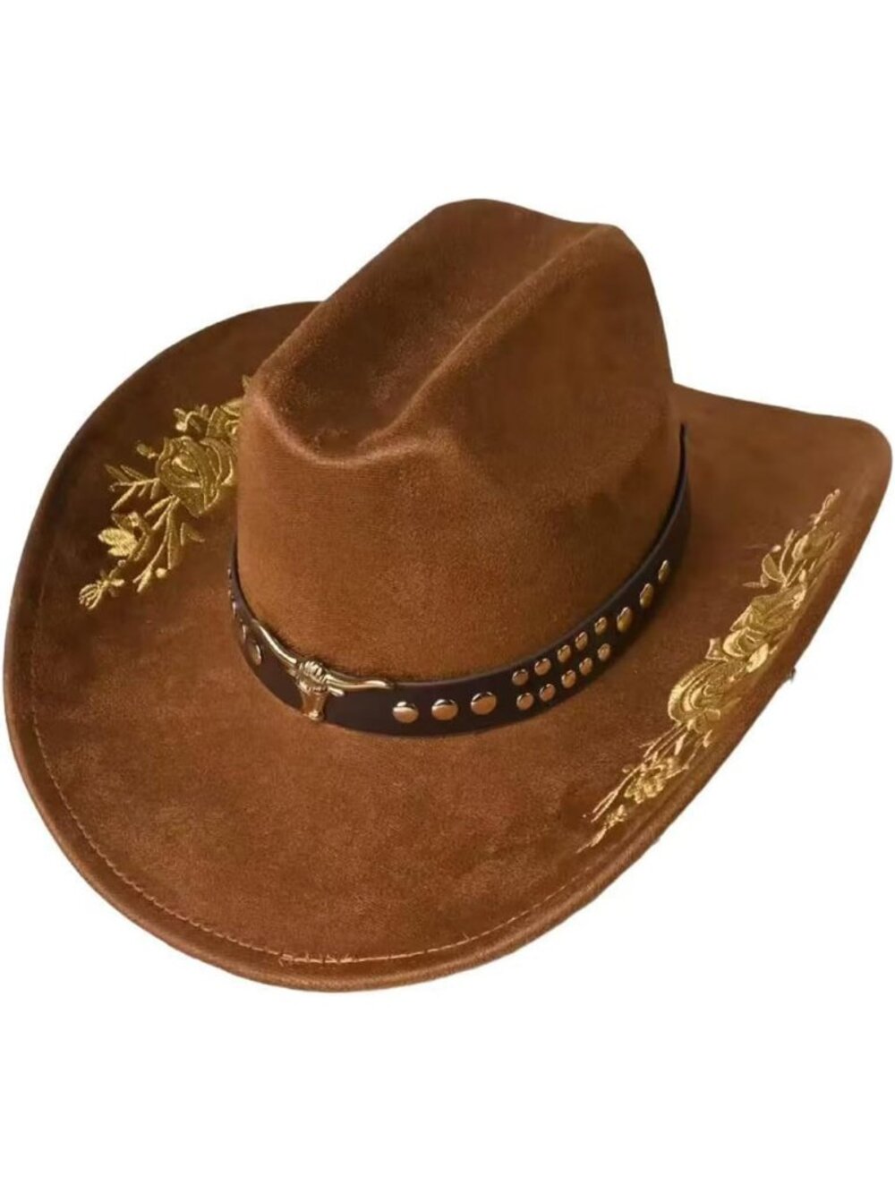 Unisex Brown Floral Embroidery Wide Brim Rodeo Halloween Felt Party Hat